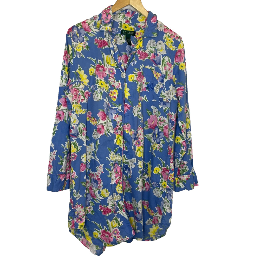 Women's Large Ralph Lauren Blue Floral Print Cotton Button Pajama Shirt